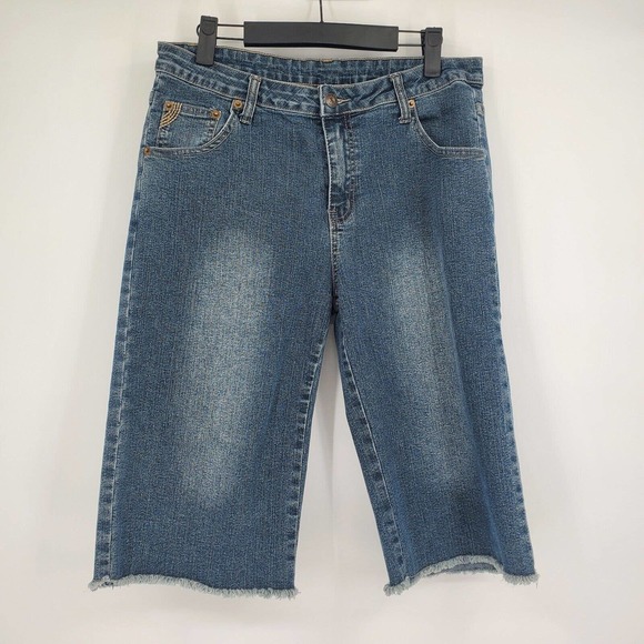 Prana Frayed Denim Shorts Bermuda Large Embroidered Medium Wash Pockets - Picture 2 of 9